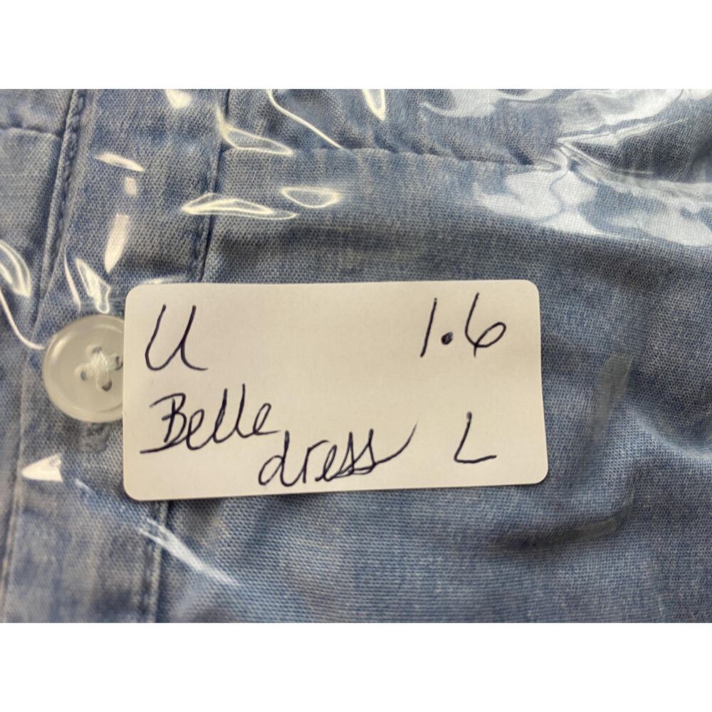 Belle BOHO Kim Gravel Chambray Dress Large Blue Denim Tiered Pockets Ruffle - Picture 13 of 13